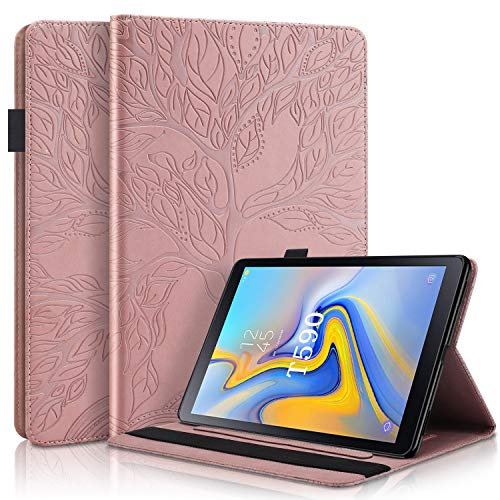CaseFun Coque pour Samsung Galaxy Tab A 10,5 2018 SM-T590/SM-T595 Motif Arbre de la Vie PU Cuir Flip Housse Étui Portefeuille Cover Case avec TPU Silicone Carte de Slot, Or Rose
