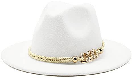 Gossifan Damen Fashion Fedora Panamahut mit breiter Krempe aus Filz, mit Ringgürtel - Wei - Medium