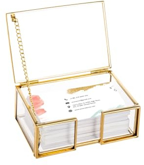 Feyarl Clear Gold Glass Business Card Box with Lid Name Card Display Organizer Container Collection Storage for Office Desktop CounterTop Meeting