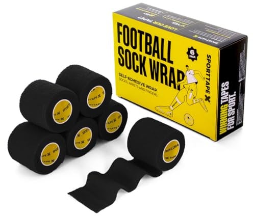 6 Rollen SPORTTAPE Selbsthaftendes Fußball-Sockentape - 5 cm x 4,5 m - Schwarz - Kohäsive Bandage Sockenband Stutzentape - Fuß- und Handgelenk-Bandage - Pet Vet Wrap für Pferde Hunde, Enthält Latex