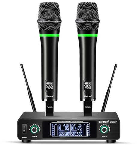 Bietrun Wireless Microphone, Rechargeable Metal Dual UHF Cordless Dynamic Handheld Microphone System for Home Karaoke, Meeting, Party, Church, DJ, Wedding(UHF 240ft Range)(Receiver with Bluetooth)