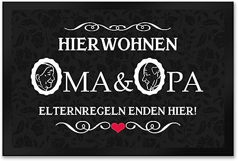speecheese Hier wohnen Oma & Opa Fußmatte XXL in 50x75 cm im Vintage-Look als schöne Dekoration für die Eingangstüre von Großeltern die ihre Enkel über Alles lieben und verwöhnen