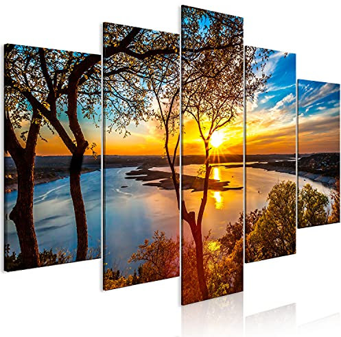 B&D XXL - Tableau Acoustique Paysage 225x112,5 cm 5 Parties - Décoration Isolation Bureau Chambre Panneau Insonorisant Impression sur Toile - Paysage Lac Forêt Coucher de Soleil c-B-0640-b-m