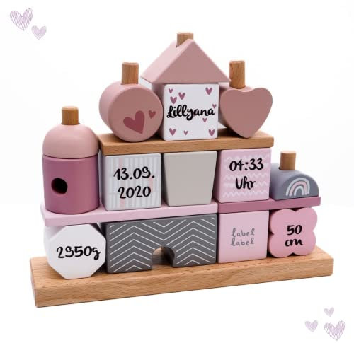 Steckspiel Haus rosa I Personalisierbares Geschenk zur Geburt Mädchen I Handmade Holzspielzeug I Personalisierte Geschenke Baby I Label-Label I Stapelturm mit Name & Geburtsdaten