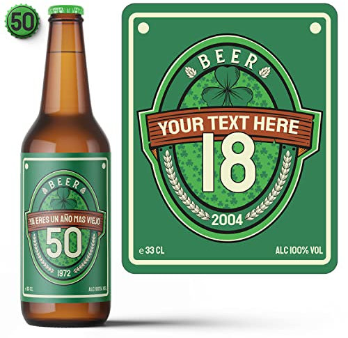Pack de 6 Etiquetas Personalizadas para Botellas de Cerveza, con Texto y Edad, Pegatinas Pub Irlandés, Resistente al Agua y Hielo, Ideal para Cumpleaños y Fiestas, Tamaño a Elegir: 20cl, 33cl, 1L