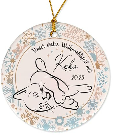 FEENSTAUB Erstes Weihnachten mit Katze, personalisierte Christbaumkugel mit Katzen Name, Weihnachtskugel personalisiert mit Katzenname, Weihnachten Keramik-Anhänger, Weihnachtsschmuck Baum