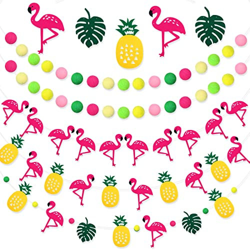 5 Stück Sommer Filz Flamingo Girlande enthält 2 Hawaii Sommer hängende Pompon Ball Girlande und 3 tropische Flamingo Ananas Party Banner für rosa Flamingo Hawaii Geburtstag Party Supplies Dekorationen