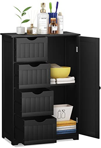 Multigot Bathroom Floor Cabinet, Freestanding Storage Organizer Unit with Adjustable Shelf, 1 Doors & 3/4 Drawers, Wooden Freestanding Cupboard for Entryway Kitchen Living Room(Black, with 4 Drawer)