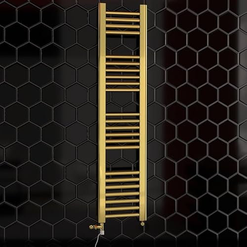 Myhomeware 300mm Wide Shiny Gold Dual Fuel Electric Radiator Bathroom Towel Rail Radiator With Thermostatic and Standard Electric Element UK (300 x 1200 mm (h), Standard Electric Element)