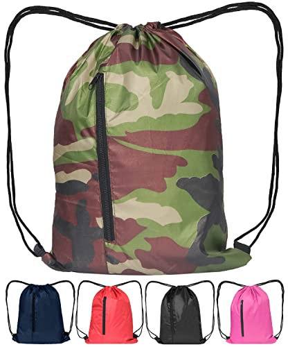 Drawstring Gym Bag Waterproof Premium String Swimming Bags Suitable for Sports, School, Gym, Travel, Beach Swim Football Shoe PE Kit Storage Trainer Bag Kids Men Women (Camo)