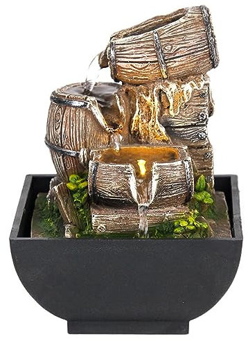 Uziqueif 3-Tier Small Tabletop Fountains Indoor,Simulation Wooden Barrel Water Feature Sculpture Waterfall Decor with Warm LED Light for Home Office Bedroom Living Room(Power Cord Attached),13x13x18cm