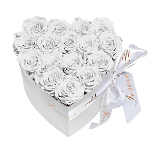 FORTTS Konservierte Rosenbox, 18 Stück Echte Rosen für immer Blumen mit herzförmiger Box, Ewige Rose Last 3 bis 5 Jahre für Muttertag Valentinstag Geburtstag Geschenk Party Dekorationen (Weiß)