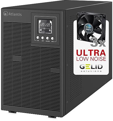 Atlantis A03-OP3002XLN UPS OnLine 75% Più Silenzioso Gruppo di Continuità Server Doppia conversione Onda Sinusoidale Pura 3000VA 2100W, Ventole Low Noise Gelid 31,3 dbA,USB,4 IEC, slot, 6x12V-9Ah