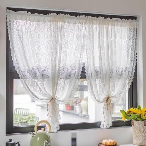 Yaland Jacquard Scheibengardine Landhausstil mit Blumenmuster Spitzenoptik durchscheinende Gardine mit Tunnelzug in Küche, Wohnzummer 1 Stück HxB 130x140cm