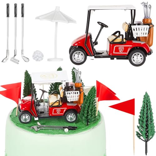 Leitee 21 Pcs Golf Cake Topper Cake Decoration Cupcake Topper Include Mini Cart Red Flag Ball Green Tree Club Sun Umbrella for Golf Themed Birthday(Red,Classic)