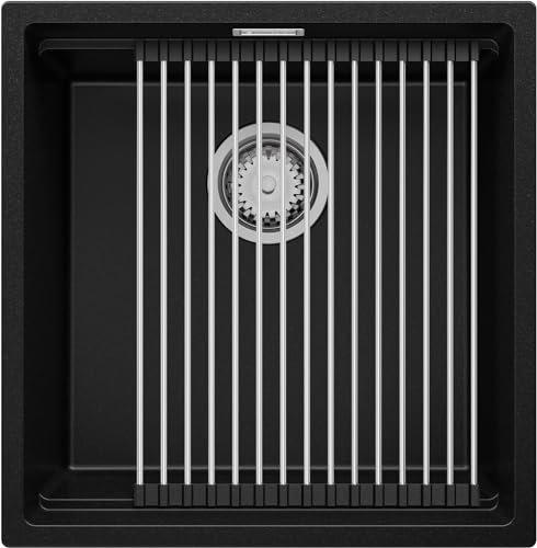 Fregadero bajo Encimera Negro 46x47cm, 1 Seno + Sifón + Enrollable Escurridor, Granito al mueble 50cm - Prague de Primagran