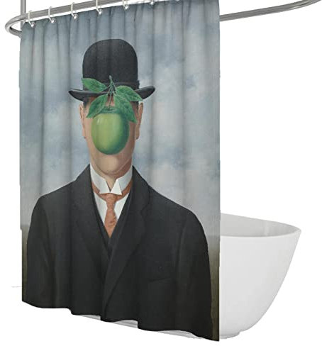 SHUODAOCO Surréalisme Rideaux De Douche Vert Pomme & Noir Costume Gentleman Imprimé Rideau De Douche Ensembles avec Crochets René Magritte Peinture Rideaux De Bain 200Bx240Lcm
