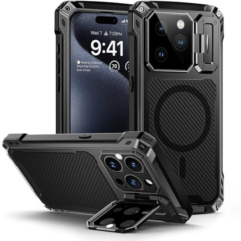 Lanhiem Case for iPhone 15 Pro - Tempered Glass Screen Protector & Camera Kickstand - Heavy Duty Shockproof, Full Protective Case (Black)