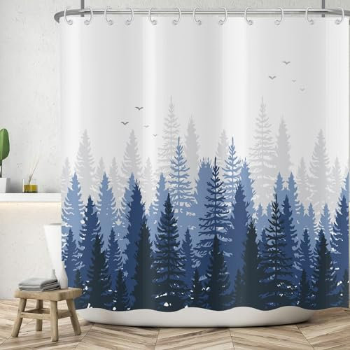 ASDCXZ Rideau de Douche Forêt 180x180 cm, Dégradé Bleu Brume Forêt Jungle Oiseaux Blanc Lavables Textile Rideau de Bain imperméable pour Baignoire avec 12 Crochets