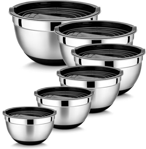 HaWare Mixing Bowl Set of 6, Stainless Steel Salad Bowl for Kitchen Baking, Serving, Space-Saving Storage Metal Nesting Bowl, Silicone Bottom & Airtight Lids, Size 4.5/3/2.5/1.5/1.2/0.7QT (Black)