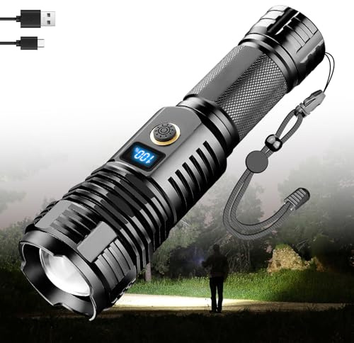 LeKaufen Taschenlampe LED Aufladbar 12000 Lumen mit LCD Display, Zoombar Extrem Helle Taschenlampen, 5 Modi Taschenlampe für Outdoor, Camping, Notfall