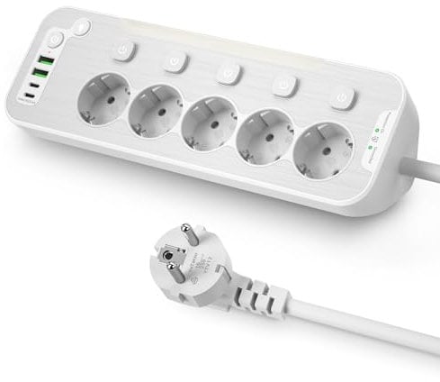 Regletas Enchufes USB C,Enchufe Multiple de Mesa,Ladron Enchufes con Interruptor,Metal Regleta 5 Tomas Luz LED-Nocturna,Regletas Enchufes Proteccion Sobretension,Enchufe de Esquina 2M Cable,Blanco