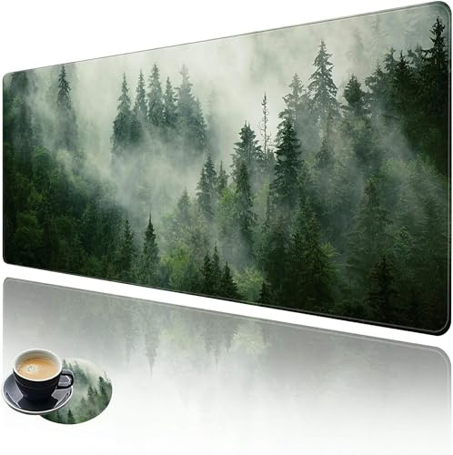 Erweitertes großes Gaming-Mauspad mit genähten Kanten, brillantem Wald-Design, XXL, 100 x 50 cm, rutschfester Untergrund, Schreibtisch- und Tastaturunterlage