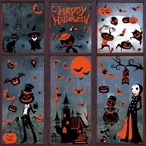 BBLIKE Lot de 9 Feuilles d'images de Fenêtre d'Halloween – Décoration Horreur d'Halloween Avec Loups-garous, Sorcière, Diable, Château, Homme de Citrouille, Décoration de Fenêtre Pour Portes en Verre