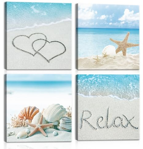 HPNIUB Moderne Wandkunst Badezimmer Bilder Strand-Dekor-Bild Strand Meer Set aus 4 Bildern (40 x 40 cm) maritime deko badezimmer, Seestern Deko und Strandmotiven Maritime Bilder