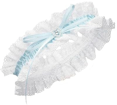 HEYOMI Premium Braut Strumpfband in Blau für Hochzeit, Band verziert mit Spitze, Schleife und einem edlen Herz mit filigranem Glitzer-Stein, Handgefertigt (Hellblau)