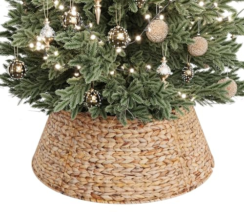 ELYKEN Lot de 5 colliers de sapin de Noël en rotin tissé de 71,1 cm – Jupe de sapin de Noël élégante en jacinthe pour arbres artificiels – Cache-pied en osier avec découpe pour cordon pour décoration