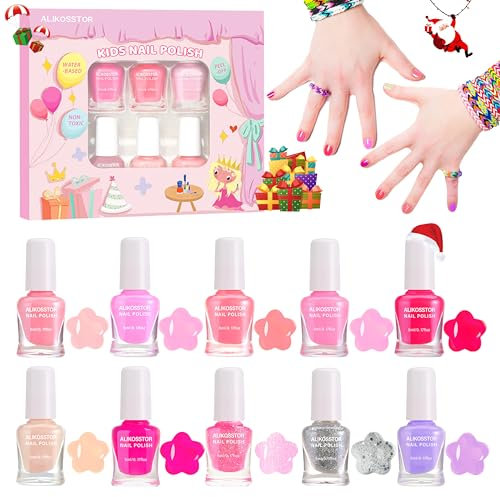 ALIKOSSTOR Kinder Nagellack - Schnell trocknende ungiftige Nagellack Set für Mädchen, 10 rosa Farben Set Peel Off Wasserbasis Nagellack Spielzeug Kit für Kleinkind Teenager