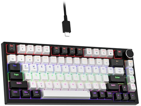 Newmen GM326 Clavier mécanique 75 %, mini clavier mécanique de jeu filaire rétroéclairé remplaçable à chaud avec bouton, 82 touches anti-ghosting, clavier de jeu compact noir/blanc pour PC, Win Mac