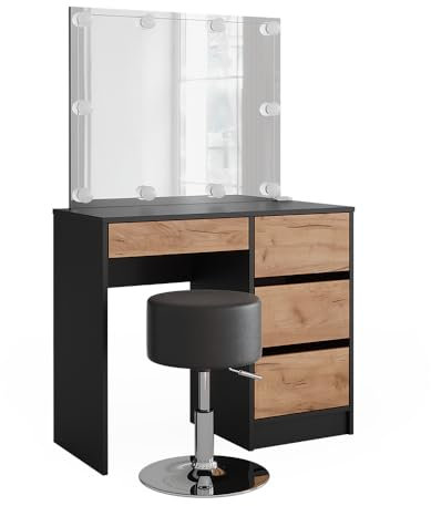 Vicco Schminktisch Sherry, Anthrazit/Goldkraft Eiche, 90 x 75 cm mit Spiegel, LED-Beleuchtung & Hocker