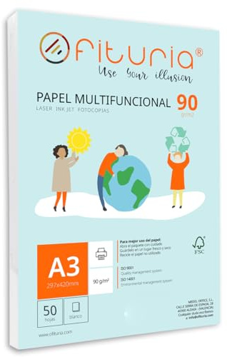 Packung mit 50 weißen DIN A3 Blättern, 90g Druckerpapier. Multifunktionales Kopierpapier für Schule und Büro. Ideal für Laserdrucker, Tintenstrahldrucker oder Kopierer – Ofituria