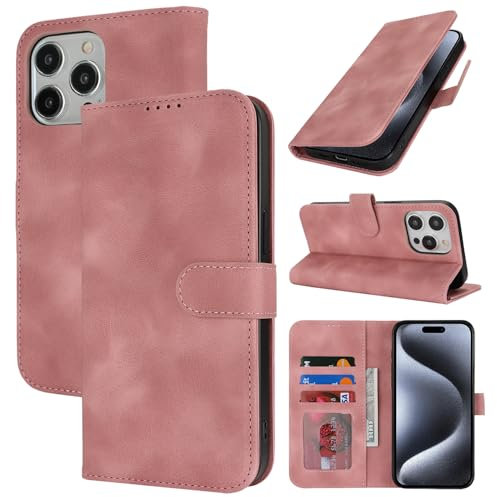 Zouzt Case for iPhone 15 Pro (6.1 Inch), Premium PU Leather Wallet Case with Credit Card Holder Slot Flip Folio Kickstand Shockproof Protective Phone Cover (Vintage Rose Pink)