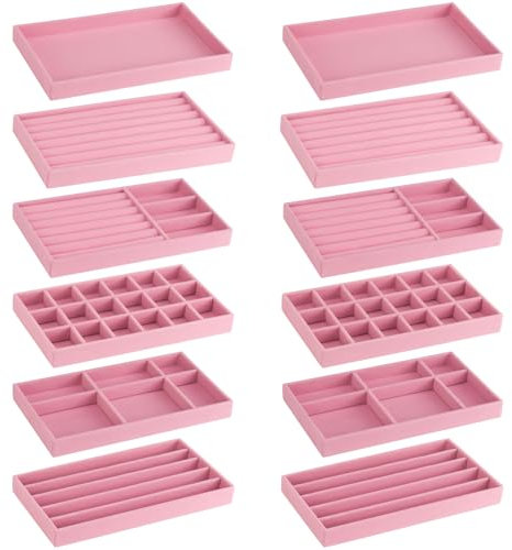 BOJVESH 12 Pcs Velvet Stackable Jewellery Trays, Grey Jewellery Drawer Organiser, Large Removable Display Jewellery Tray, Necklace Bracelet Storage Box for Earring, Ring, Brooch, Watch (PINK)