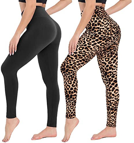 CAMPSNAIL 2er Pack Leggings Damen Schwarz High Waist Sport Leggins Blickdicht Sporthose für Gym Yoga(Schwarz&Leo,L-XL)
