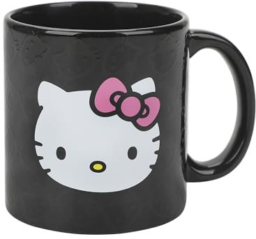 Taza de cerámica negra reactiva al calor de Hello Kitty Face Outlines de 16 onzas