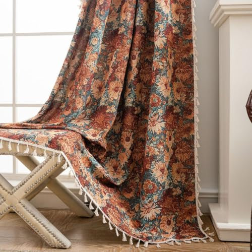 Tokusyou Blumen Gardinen Landhaus Blickdicht Vintage Vorhänge Leinenoptik Jacquard Baumwolle Boho Orange Vorhang mit Quaste Rod Pocket für Schlafzimmer Wohnzimmer Küche 1er Set B150×H220cm