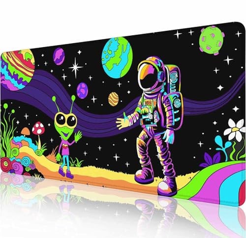 Large Extended Gaming Mouse Pad with Stitched Edges, Non-Slip Rubber Base Mouse Pad for Office, Computer, Keyboard, Laptop and Home Desk Pad 31.5 x 11.8 x 0.12 Inch Astronaut and Alien Trippy
