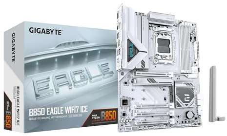 GIGABYTE B850 Eagle WIFI7 Ice Placa Base - Procesadores AMD Ryzen Serie 9000, VRM Digital de 8+2+2 Fases, hasta 8200 MHz DDR5 (O.C.), 1x M.2 PCIe 5.0 + 2X M.2 PCIe 4.0, Wi-Fi 7, LAN 2.5 GbE