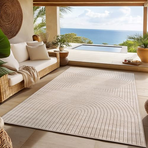 SIMPEX Outdoor Teppich Wetterfest, Wohnzimmer, Schlafzimmer, Wintergarten, Kurzflor Beige, Hoch-Tief-Effekt, weich & waschbar, Outdoor geeignet, pflegeleicht, 240x340 cm