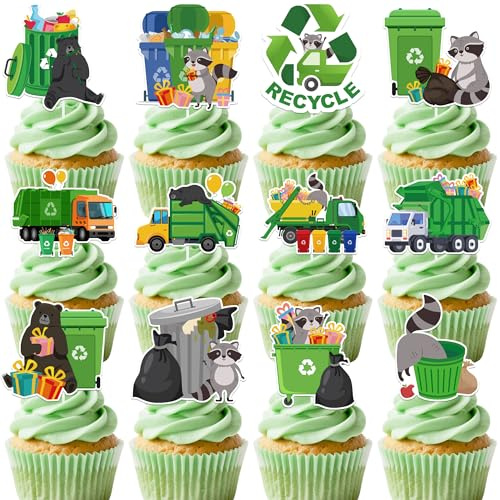 Hokinaa Trash Truck Birthday Decorations - 24 Pcs Garbage Truck Cake Topper | Green Waste Management Recycling Theme Cupcake Toppers Set, Happy Party Supplies Photo Background Decor for Boys