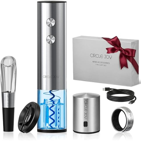 CIRCLE JOY Abrebotellas de vino eléctrico recargable, juego de regalo 5 en 1 con cortador de láminas, aireador de vino con vertedor, anillo de goteo y cierre al vacío, color plateado