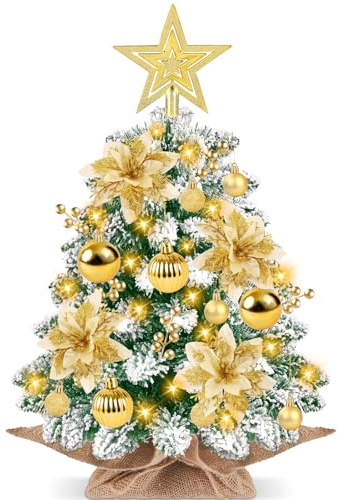 DTYDECLE Artificial Mini Christmas Tree, 60cm Lit Gold Small Christmas Tree Snow Flocked Tabletop Small Xmas Tree with Star Topper for Xmas DIY Holiday Decorations