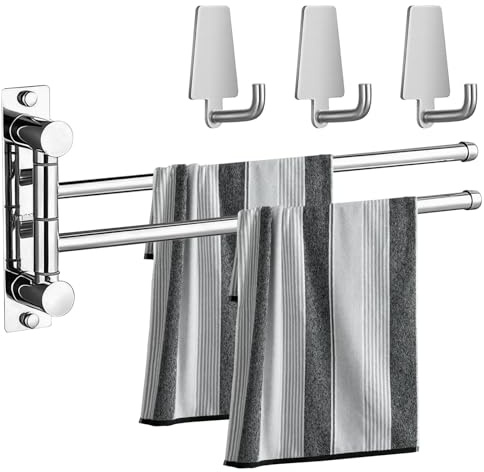 Zuxbolf Porta Asciugamani Bagno in Acciaio Inox 304,Porta Salviette con 2 Barre Girevoli 39cm,Supporto per Asciugamani con Accessori di Montaggio e 3 Pz Ganci per Bagno Cucina