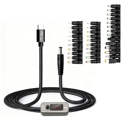 AYWHP 100W USB-C PD zu DC Adapter Kabel 5V 9V 12V 15V 20V einstellbar mit 34 DC Steckern 5.5x2.1mm Stecker, Zinklegierung Gehäuse & 1m Nylon Kabel kompatibel mit Laptop Router Monitor Kamera