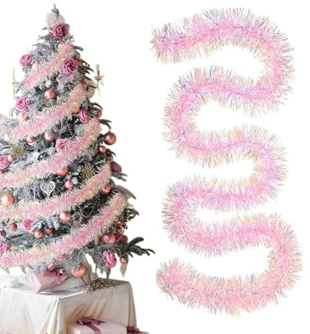 Guirlande de guirlandes de Noël roses - 198 cm - Guirlande de sapin de Noël irisée - Décoration murale pour cheminée, jardin, mariage, Halloween, anniversaire, terrasse