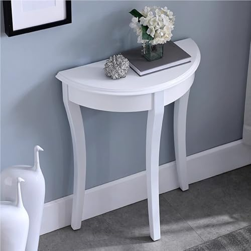 Moderno tavolino a mezzaluna in legno massello, tavolino da ingresso con decorazioni scanalate in stile rustico Compatto e salvaspazio, perfetto per soggiorni, corridoi e ingressi White 64x34x71cm